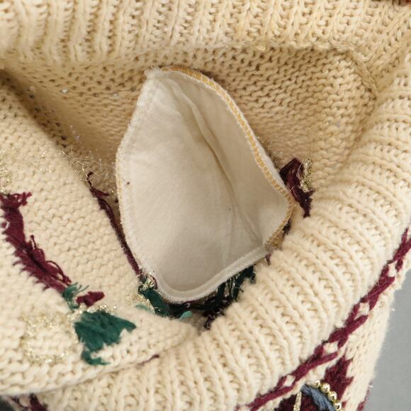 Talbots Sweater Womens Medium Ivory Burgundy Holiday Cardigan Hand Knit Vintage - Picture 11 of 14